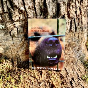 libro perros héroes de mario bellatín apoyado contra un árbol